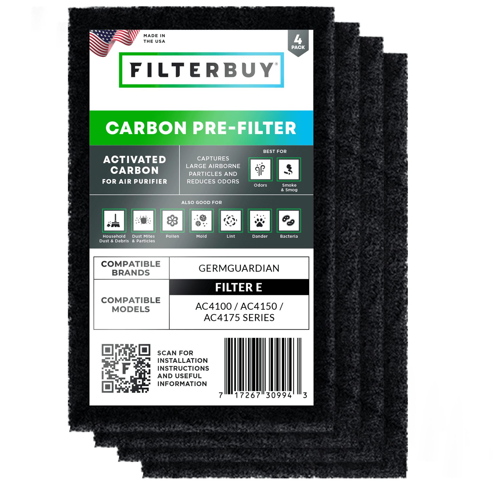 Activated Carbon Pre-Cut Pre-Filter — Replacement for GermGuardian Filter E (4-Pack, Made in USA) - 1 Quantity