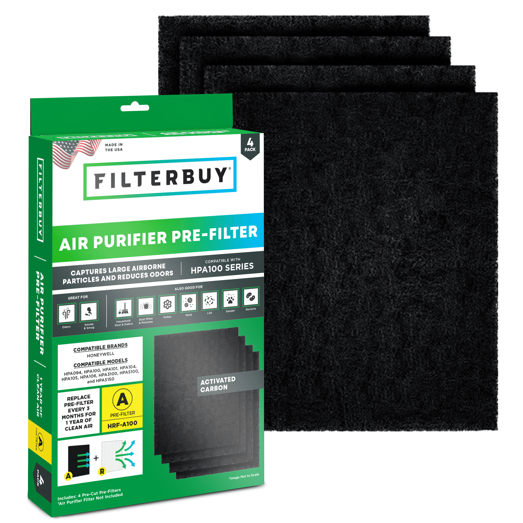 Activated Carbon Pre-Cut Pre-Filter — Replacement for Honeywell HRF-A100 (4-Pack, Made in USA) - 1 Quantity