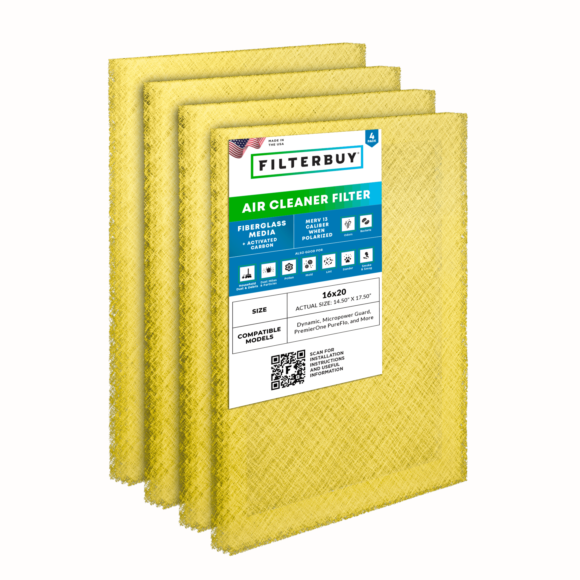 16x20 Carbon Air Cleaner Replacement Pads MERV 13 (4-Pack) - 1 Quantity