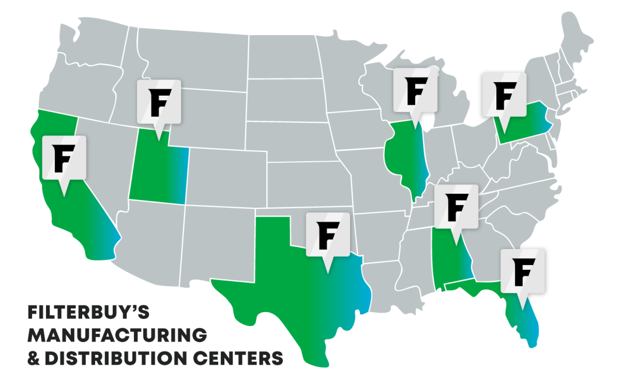 united states map with filterbuy manufacturing and distribution centers