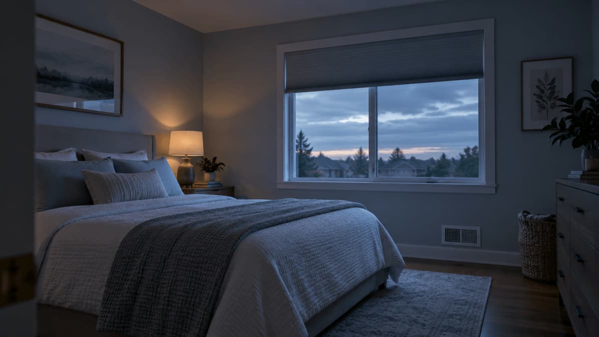 A dim bedroom before dawn with an HVAC supply register on the wall below a partly open window blind.