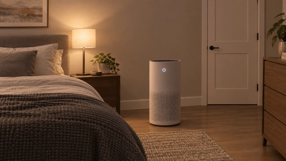 Air purifier running beside a bed in a closed bedroom at night.