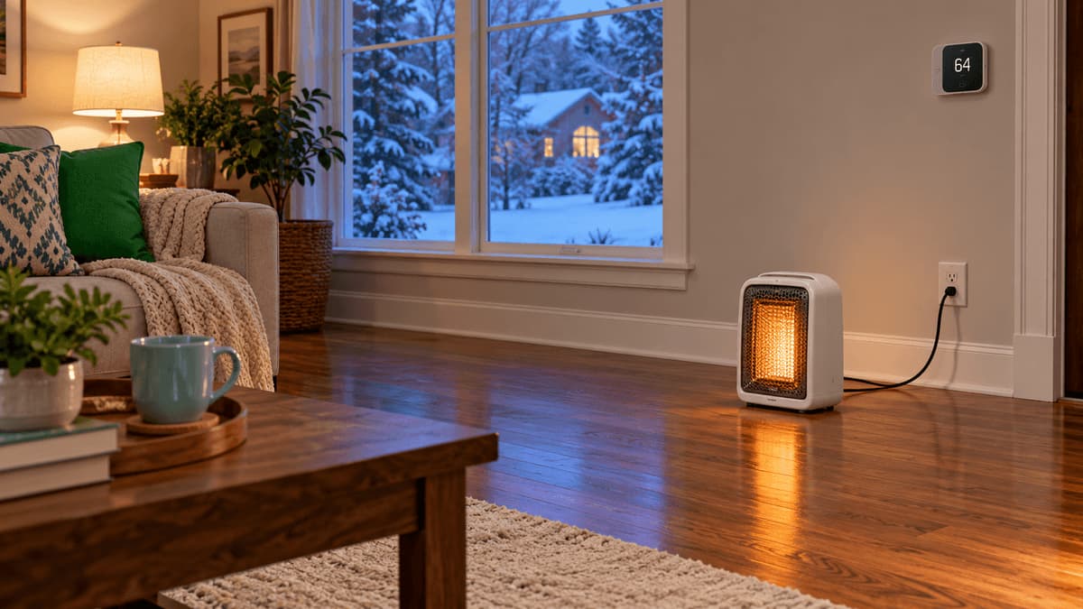 Electric space heater placed three feet from furniture in a living room on a snowy evening, with the home thermostat set lower in the background.