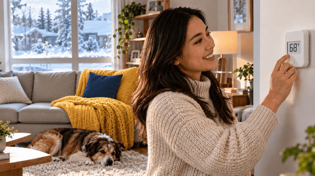 Person setting a smart thermostat to 68 degrees while family and dog relax in a warm living room on a snowy day.