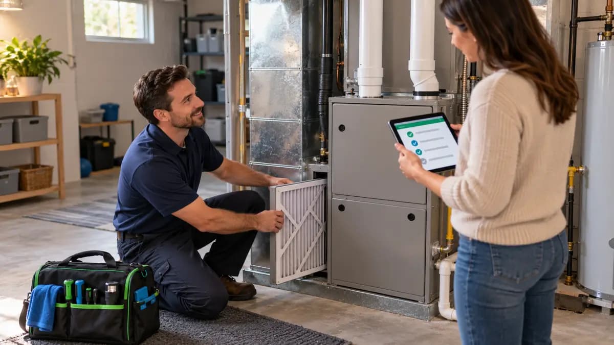 HVAC technician finishing a new gas furnace installation while a homeowner reviews the installation checklist.