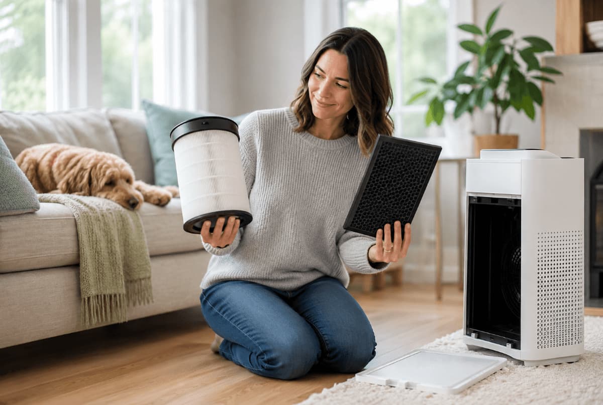 Woman comparing a white pleated HEPA filter and a gray activated carbon filter beside an open air purifier.