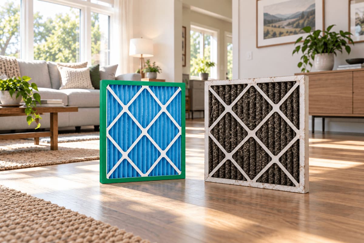 Illustration of a new white pleated air filter beside a pleated air filter turned black with soot.