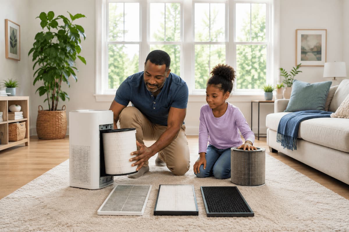 Father and young daughter replacing an air purifier filter with pre-filter, HEPA, and carbon filters laid out beside them.
