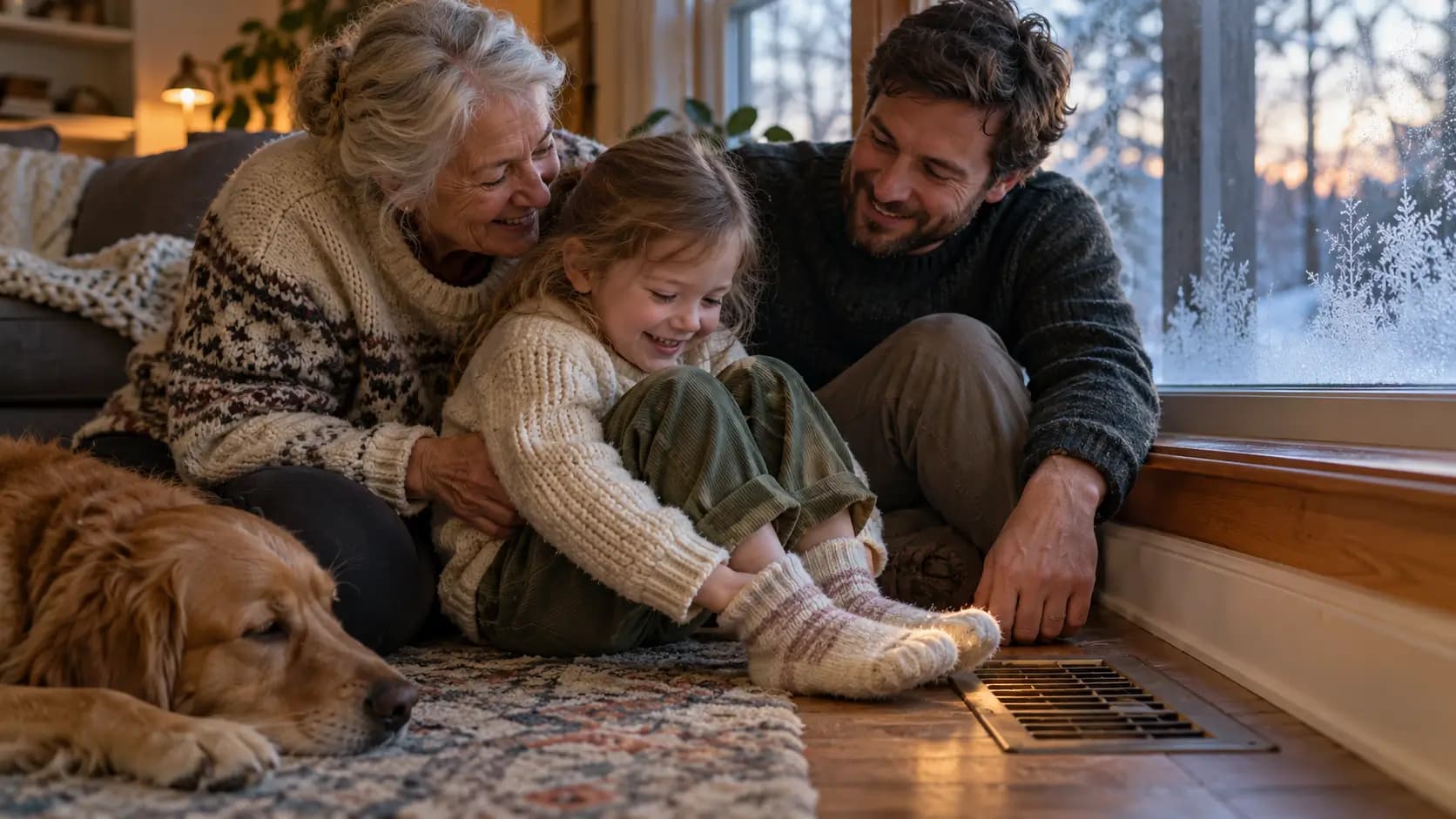 Family relaxing in a warm living room heated by a gas furnace on a cold evening.