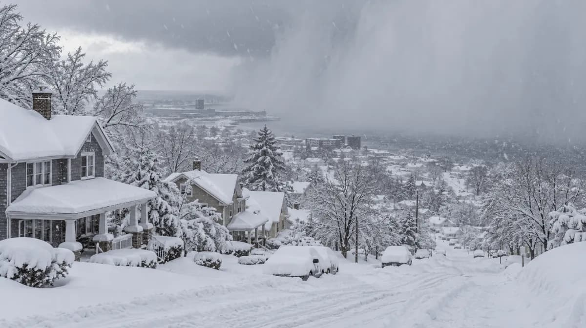 Heavy lake effect snowstorm covering a Buffalo, New York, neighborhood with deep snow and reduced visibility.