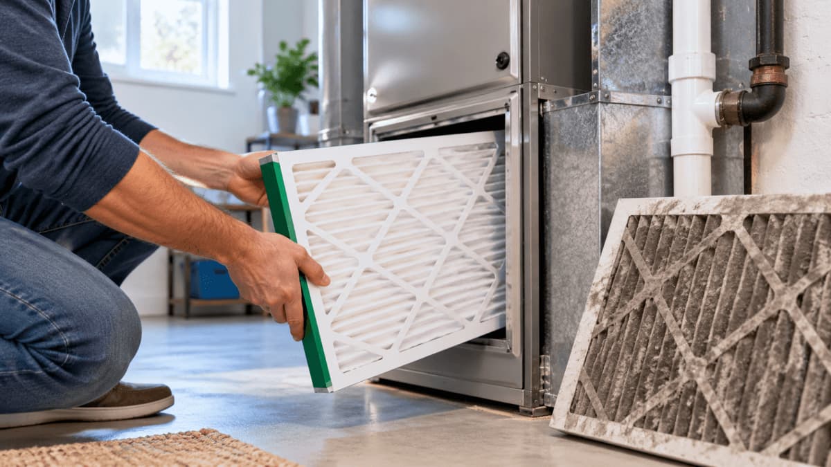 A homeowner installs a clean pleated furnace filter next to a dirty, dust-loaded filter it replaced.