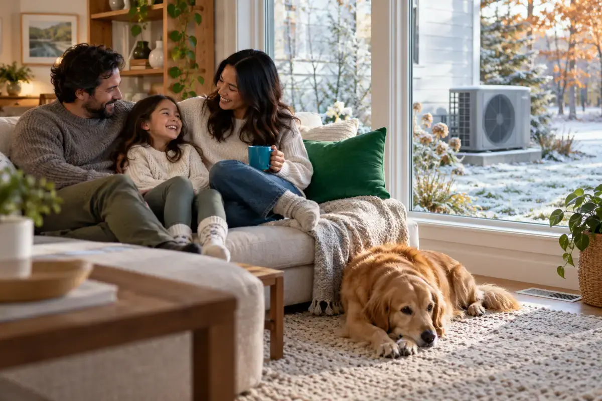 Family relaxing in a warm living room while an electric heat pump outside heats the home on a frosty morning.