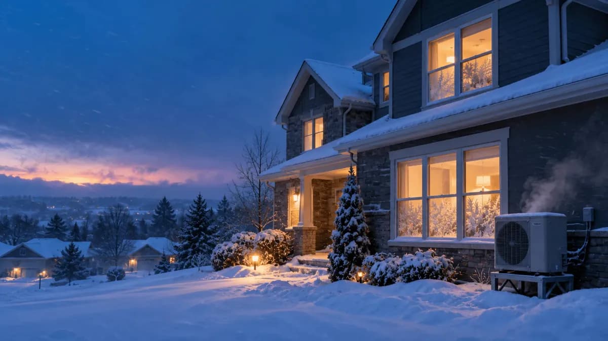 Snow-covered suburban home at dusk during an arctic blast with warm light in the windows and frost on the glass.