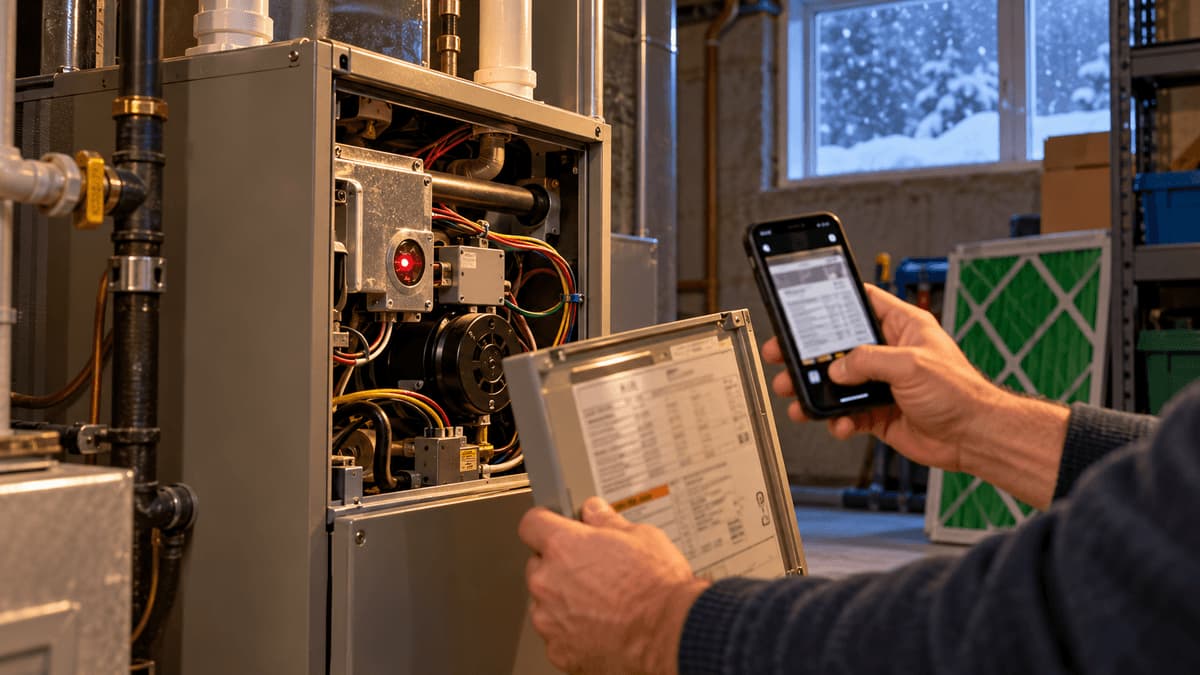 Red diagnostic light blinking through the sight glass of a home gas furnace as a homeowner photographs the fault code label.