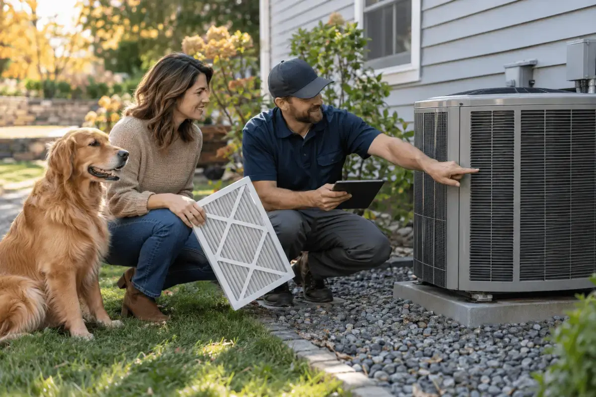 Homeowner holding a new air filter next to an HVAC technician inspecting an outdoor heat pump unit.