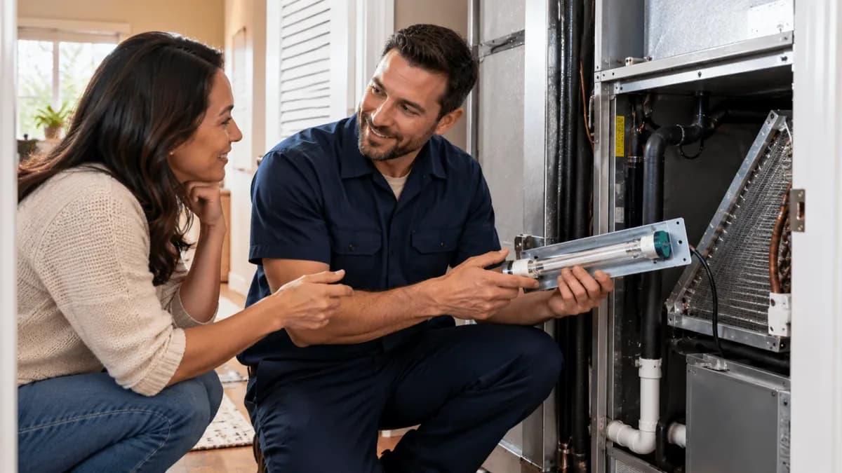 HVAC technician showing a homeowner a UV light before installing it in the air handler.