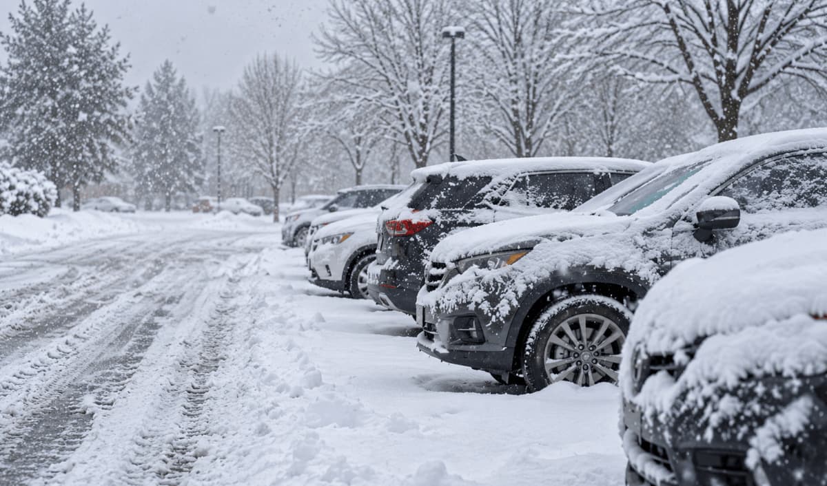 Snow-covered cars parked along a slushy road during heavy snowfall, illustrating winter conditions common in states with the most winter storm warnings.
