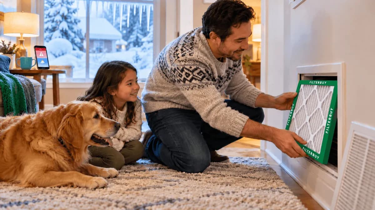 Parent changing a furnace air filter in a warm home while snow and ice cover the window during an extreme cold warning.