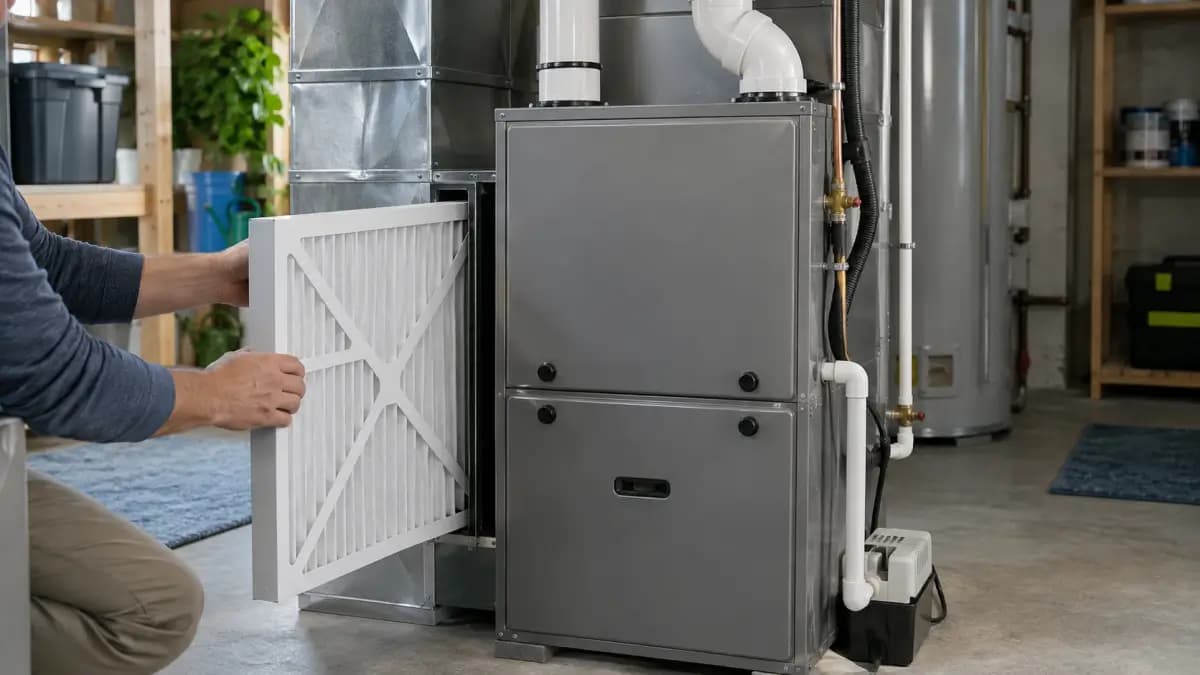 High-efficiency gas furnace in a clean basement utility room with a fresh pleated air filter going into the return slot