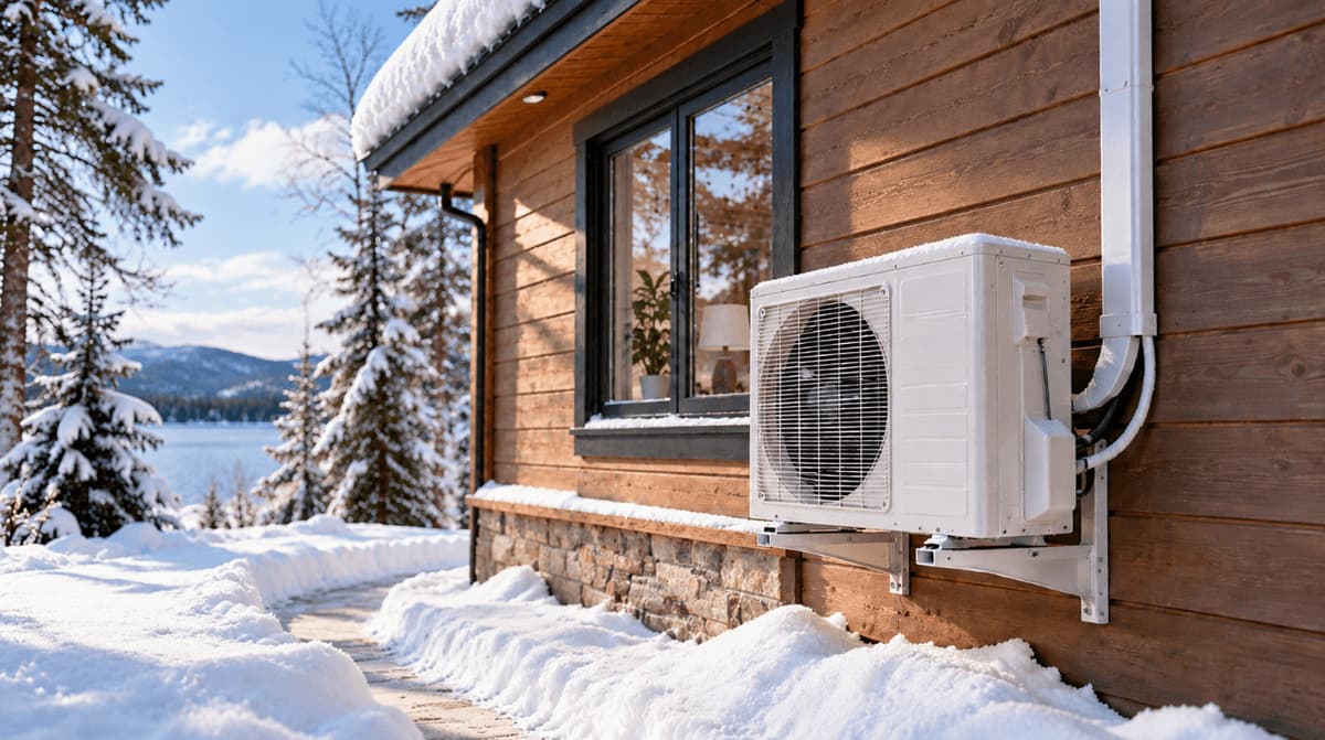 Snow-covered cabin at dusk with a mini split outdoor unit mounted on a wall bracket above the snow line.