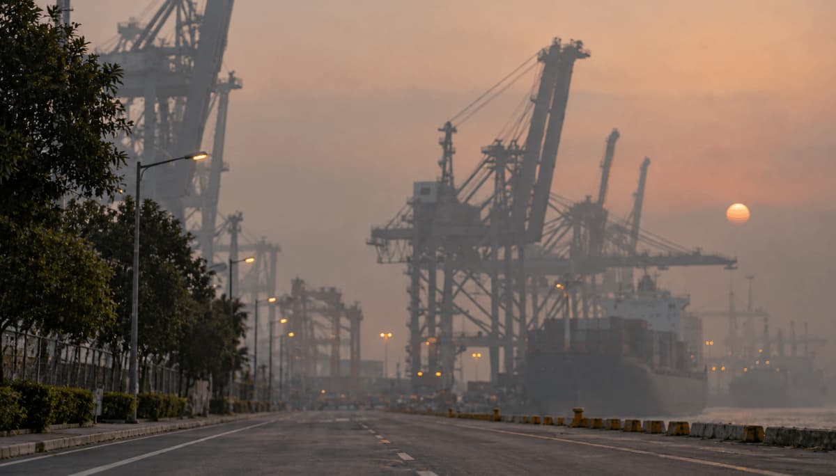 Hazy shipping port with cargo cranes and a nearby road, illustrating air pollution from port and shipping activity.