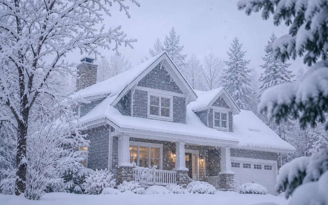 House covered in heavy snow during a blizzard warning with falling snow and reduced visibility.