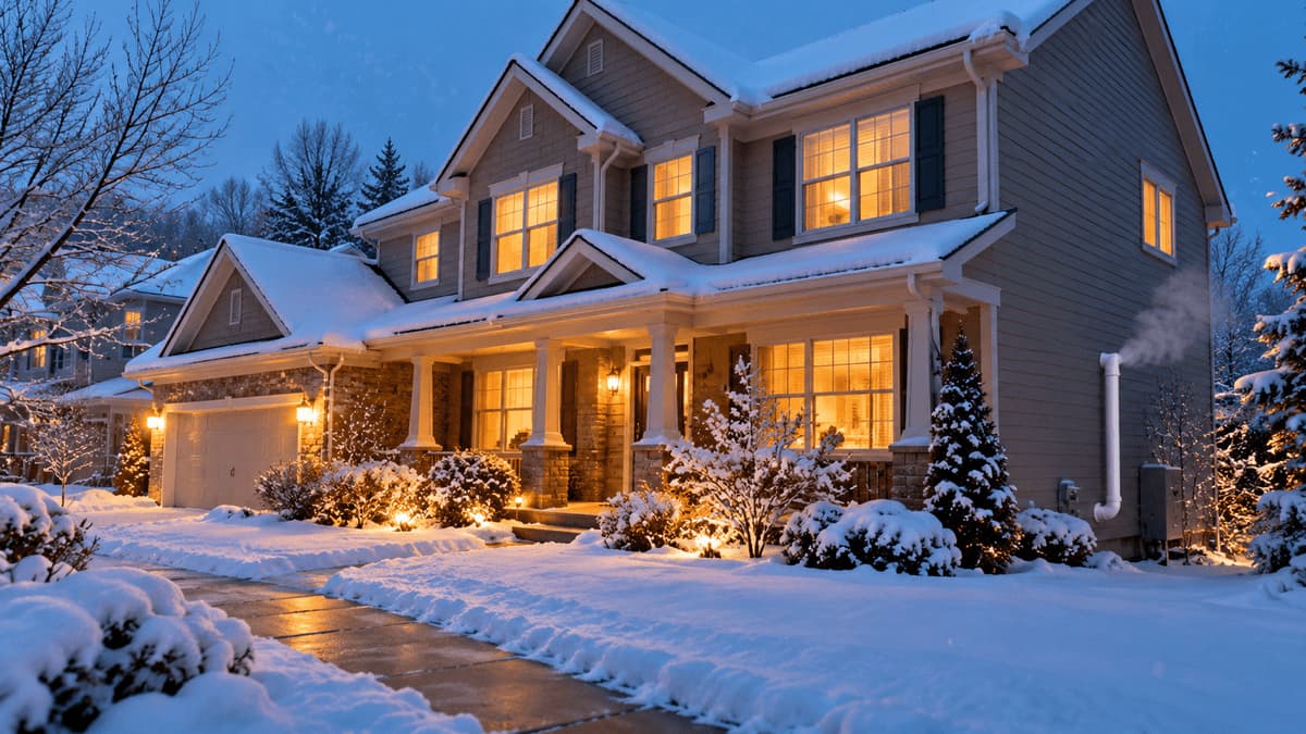 Snow-covered home at dusk with warm lit windows while the furnace runs through a winter cold snap.
