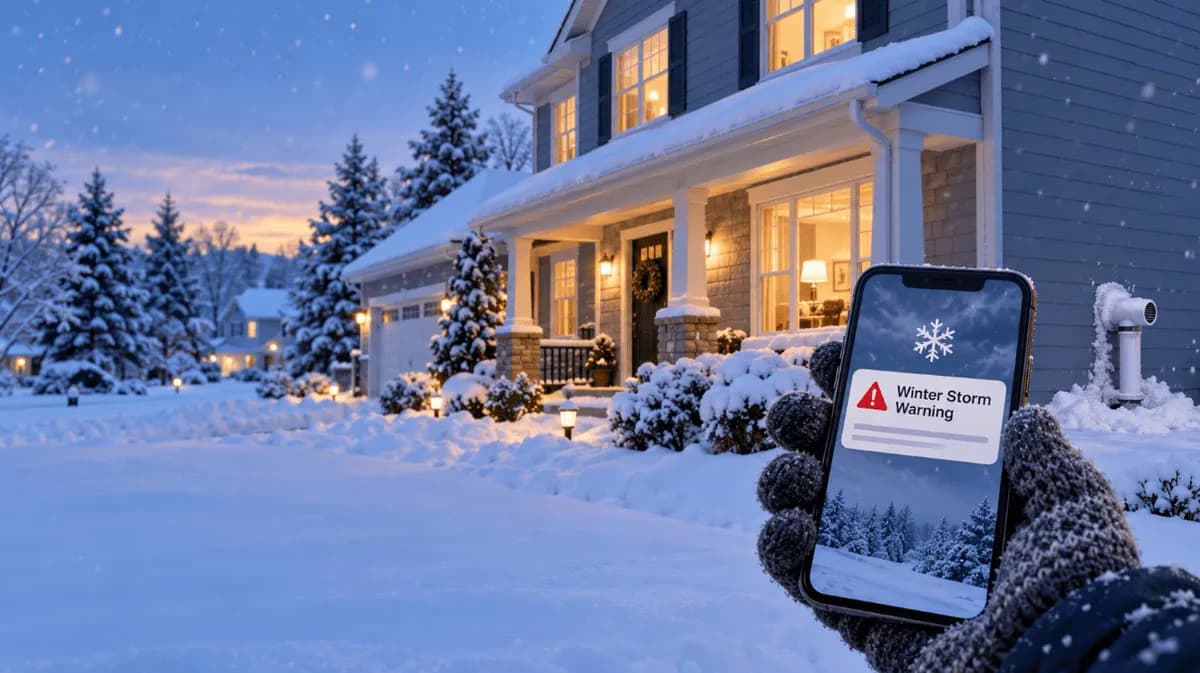 Homeowner checking a winter storm warning on a phone outside a snow-covered house.
