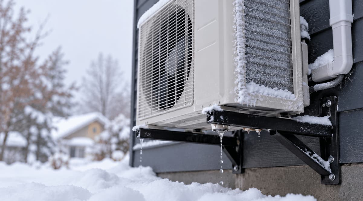 Ductless mini split outdoor unit mounted on a wall bracket above snow outside a home in winter