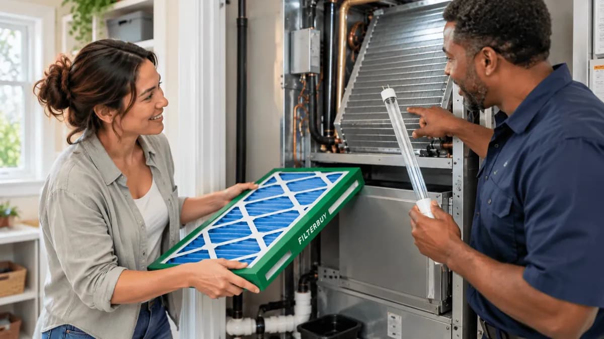Homeowner holding a pleated air filter beside an HVAC technician with a UV lamp at an open air handler, comparing a UV light vs. an air filter.