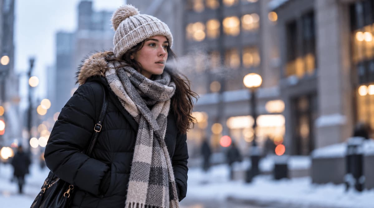 Woman wearing winter clothing with visible breath on a snowy city street during a wind chill warning.