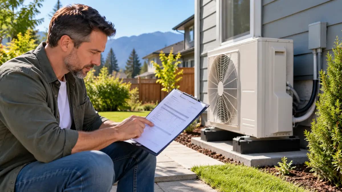 Outdoor heat pump condenser beside a home while a homeowner reviews an itemized installation quote