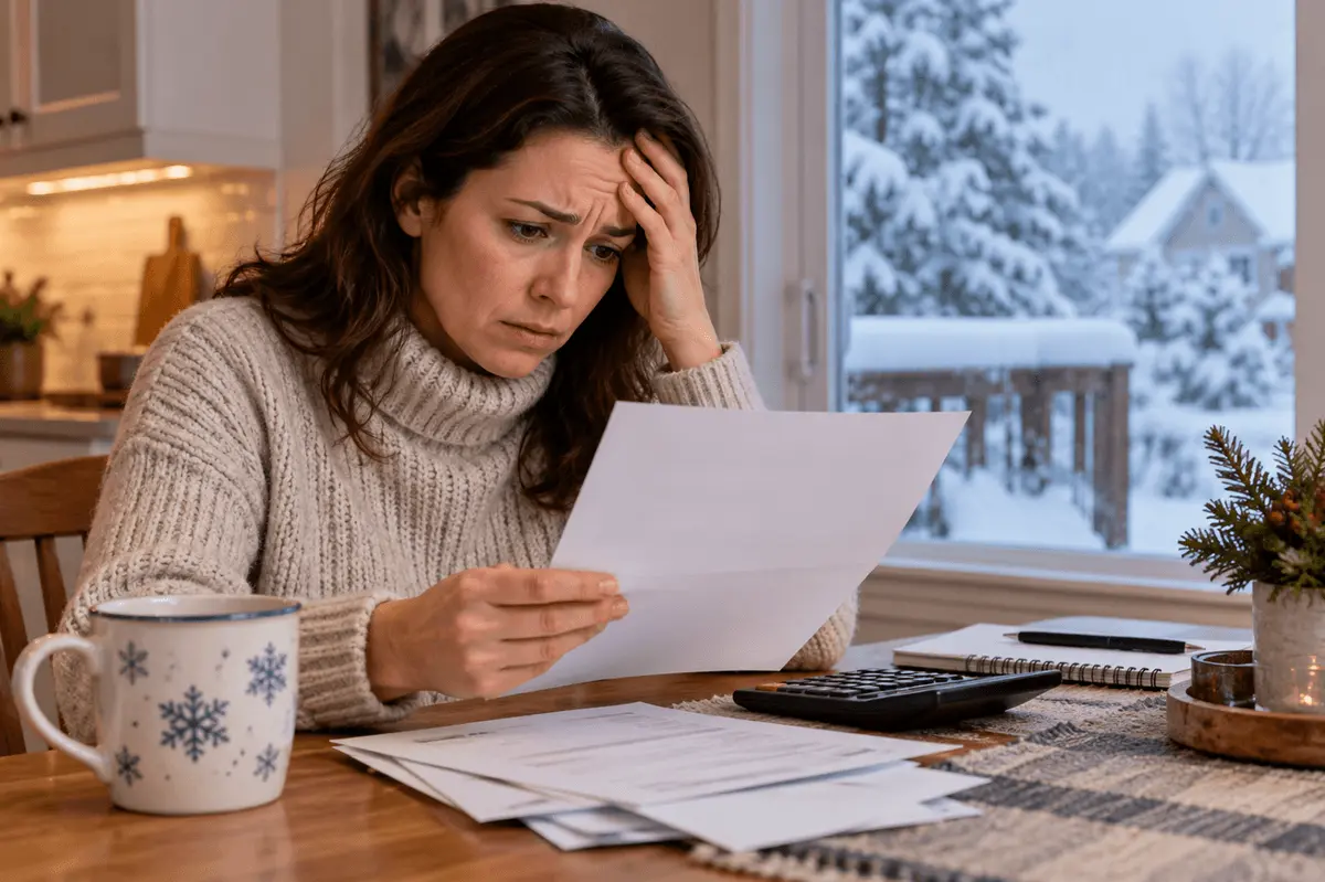 Homeowner reviewing a high winter heating bill at a kitchen table with snow visible outside the window.