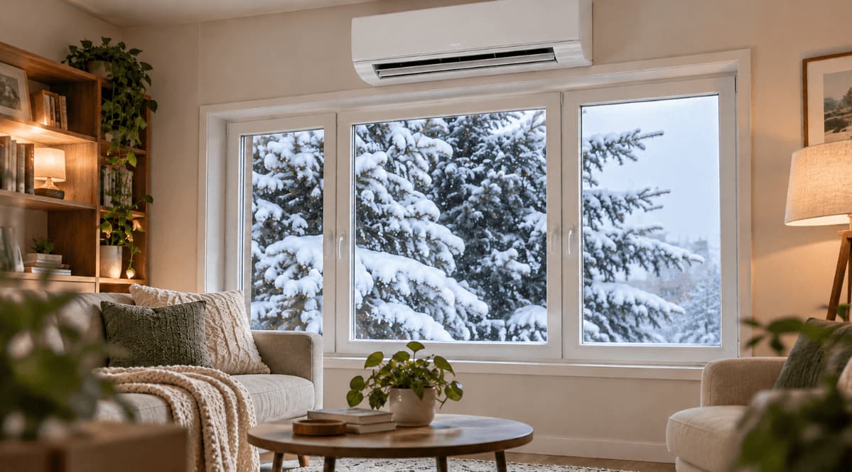 Snowy-day living room heated by a ductless mini split.