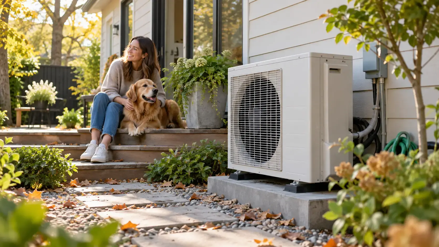 Outdoor heat pump unit beside a family home with a homeowner and dog relaxing on the back steps