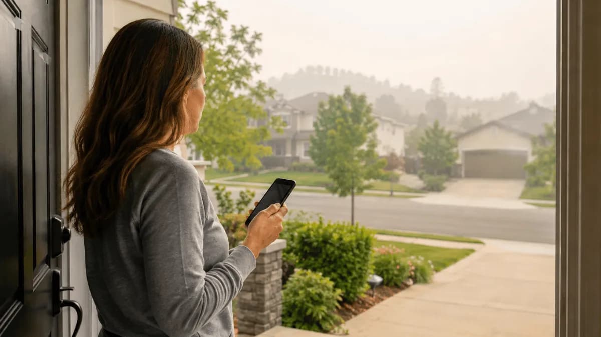 Image of a homeowner checks today's AQI before going outside on a hazy day with poor air quality in a suburban neighborhood.