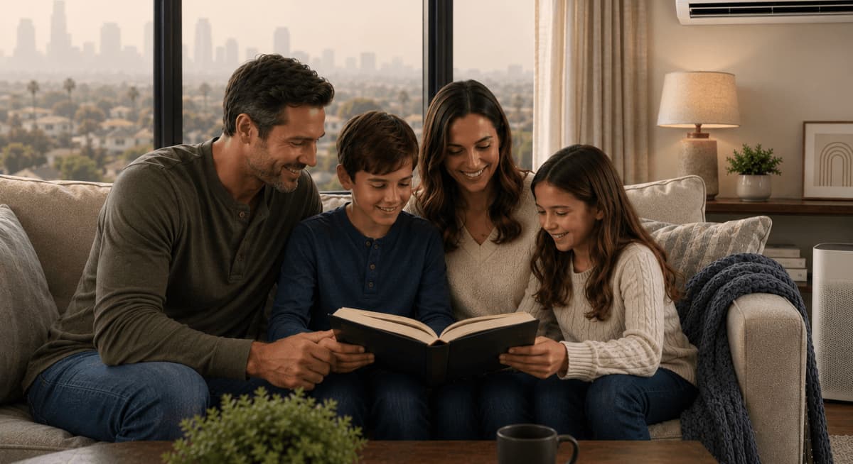 A family relaxes indoors with windows closed and an air purifier running while hazy outdoor air is visible through the window.