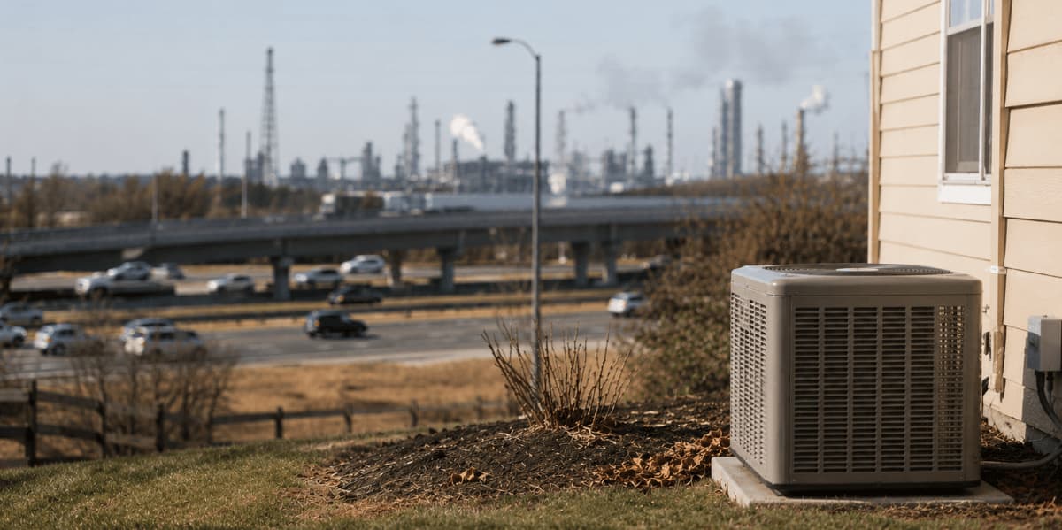 Home HVAC unit near a highway and industrial area with elevated outdoor air pollution exposure.
