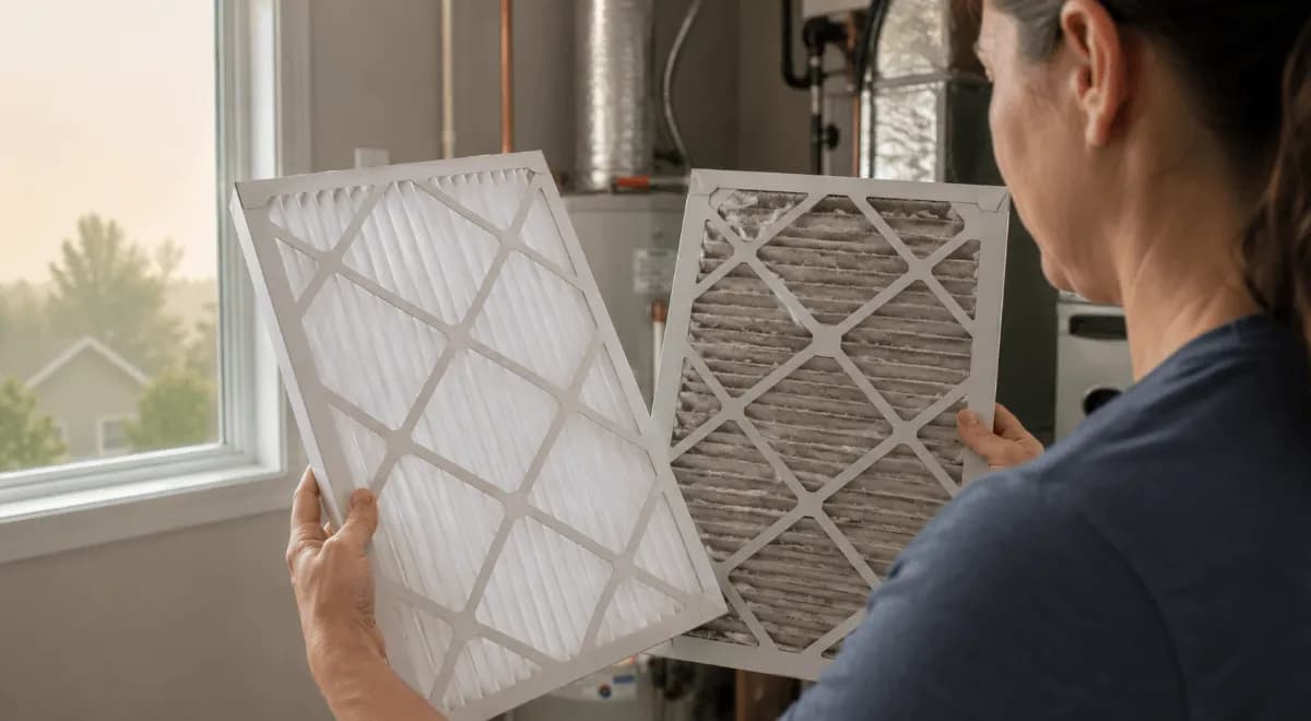 Image of a homeowner compares a clean and dirty HVAC air filter after high AQI days to decide when to replace the filter.