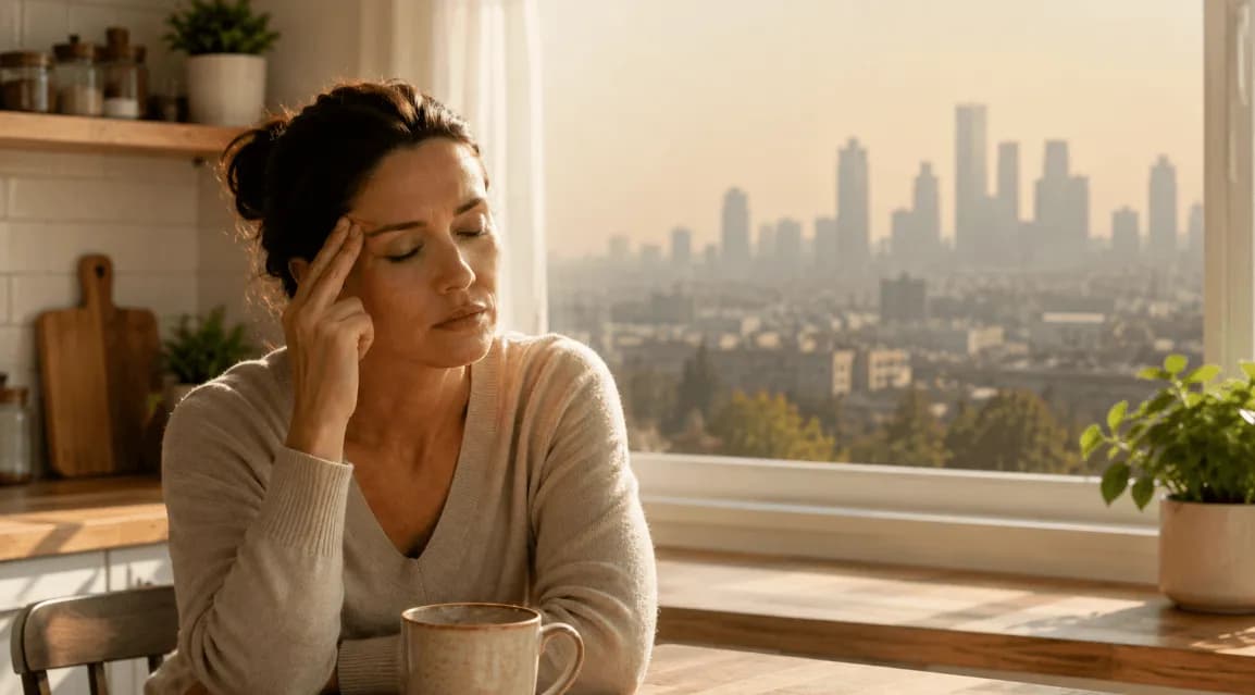 Woman holding her temple with a hazy, polluted skyline visible through the window behind her.