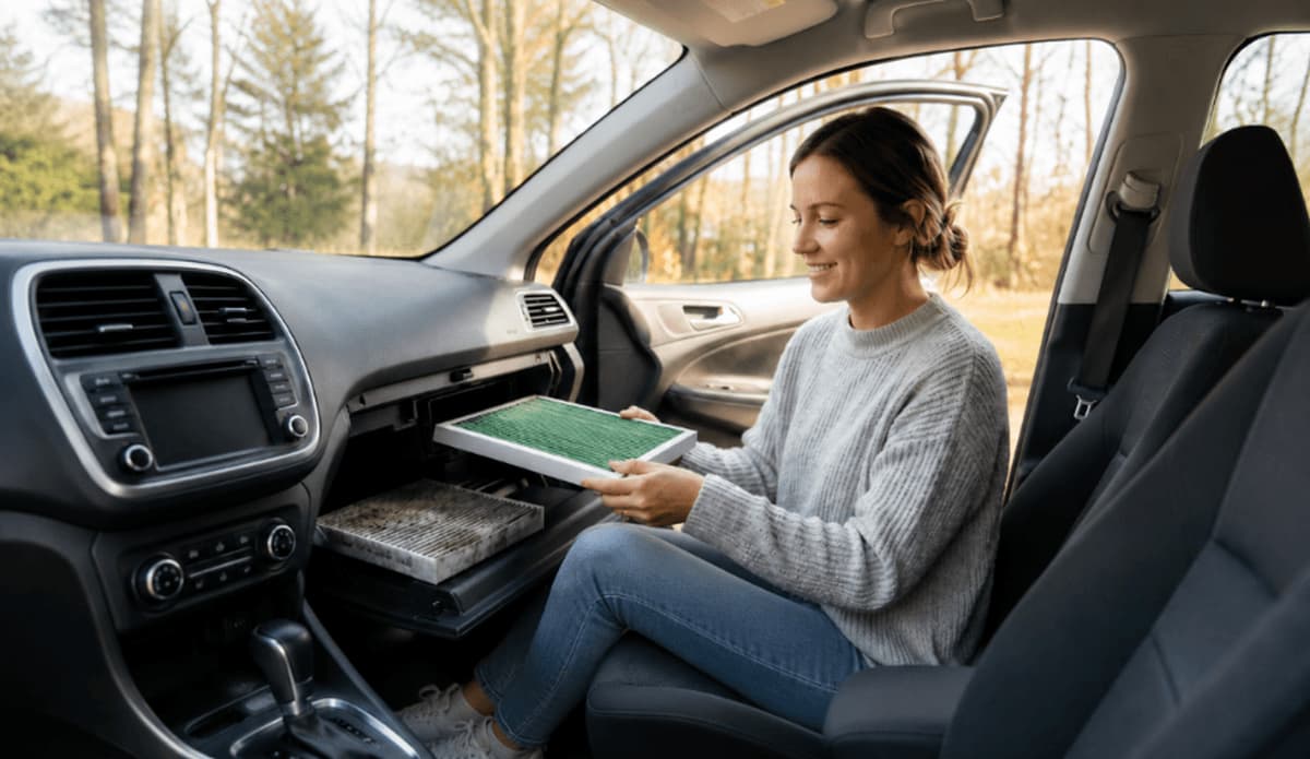 A fresh pleated Filterbuy cabin air filter held beside a car's open glovebox, next to the dusty old filter it replaces