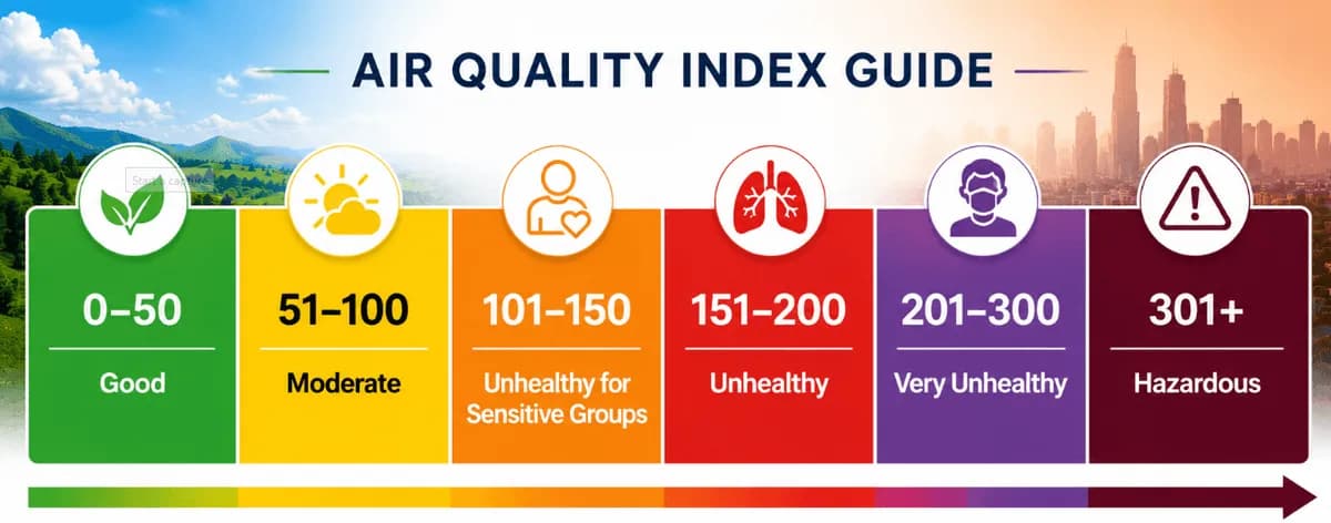 AQI scale chart explaining Air Quality Index levels from 0 to 500 with health risk categories and color codes.