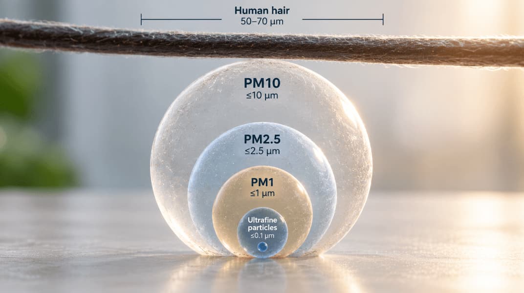 Size comparison of PM10, PM2.5, PM1, and ultrafine particles against a human hair.