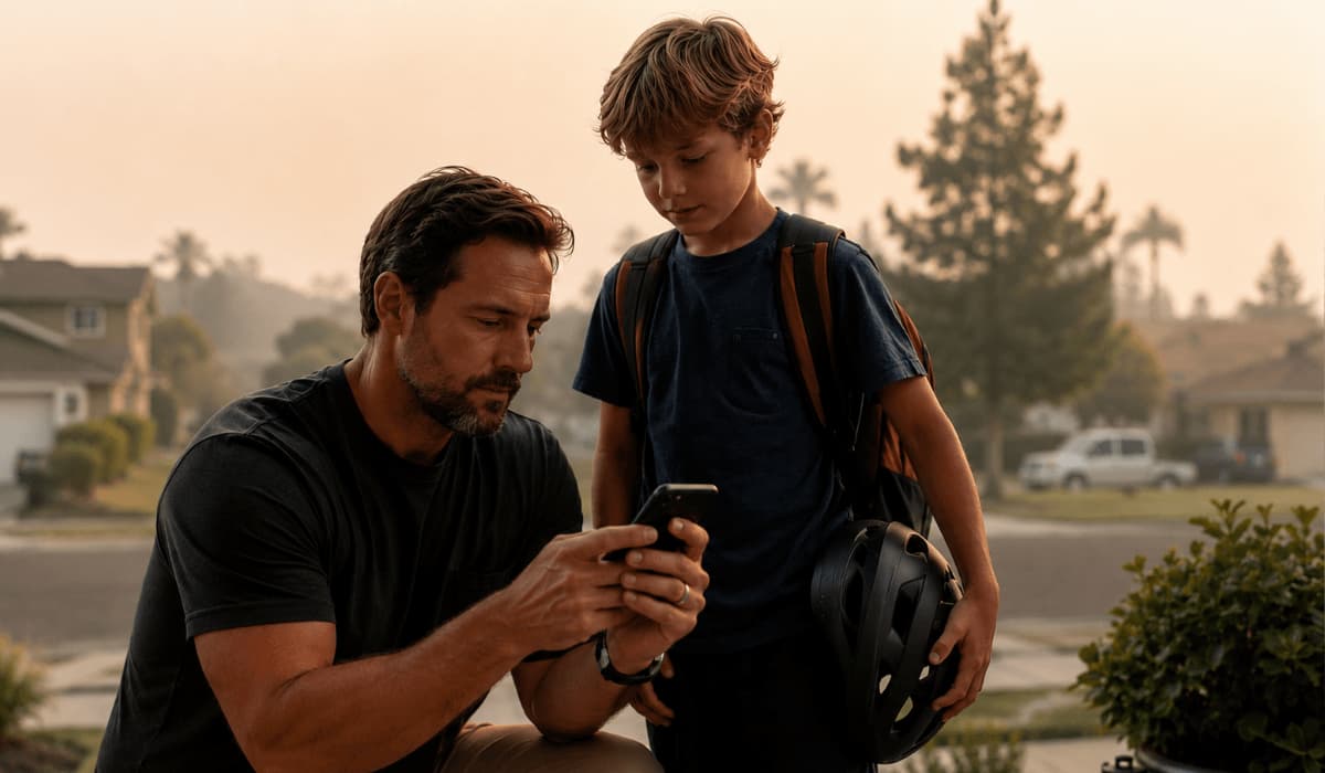 A parent checks the air quality index on a phone before letting a child ride a bike on a hazy morning.