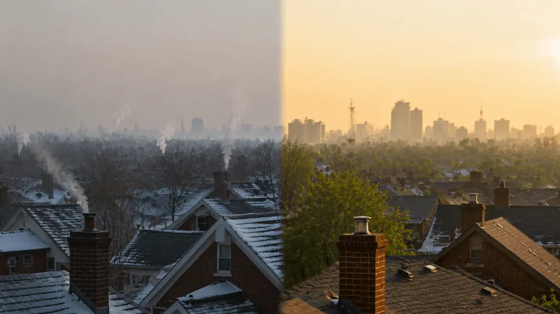 Split view comparing winter and summer air quality with seasonal haze over the same neighborhood.