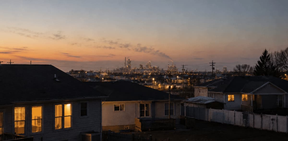 Suburban homes at dusk with an industrial emissions plume on the horizon." No superlatives or health claims in the caption.