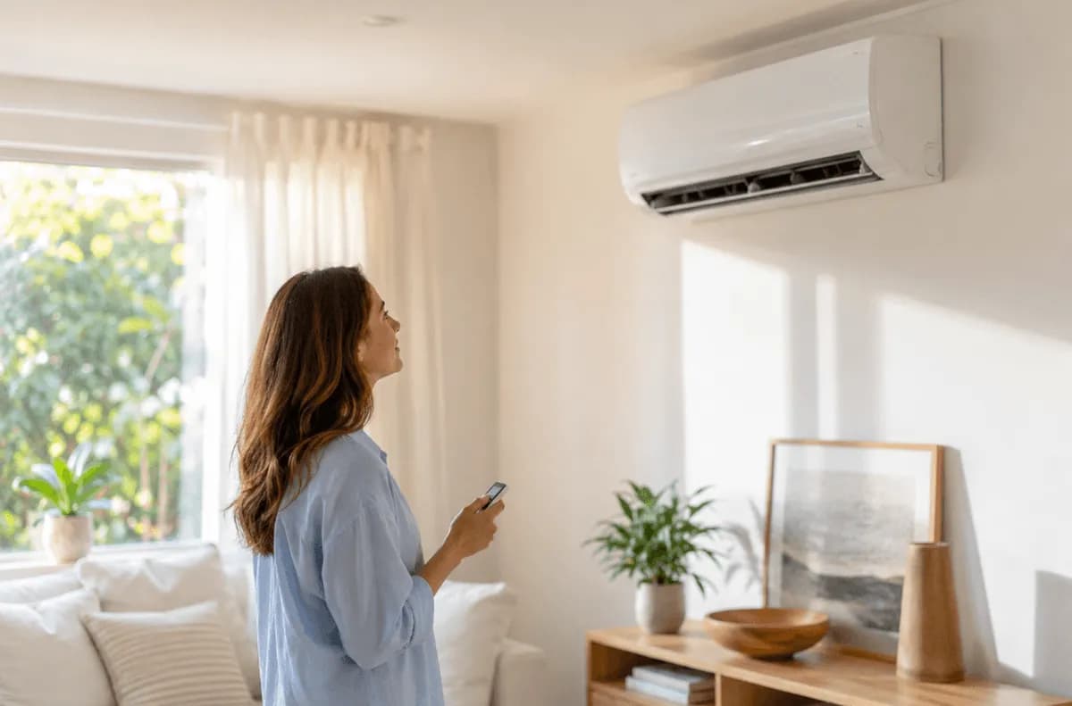 Wall-mounted ductless mini split indoor unit in a clean, modern living room