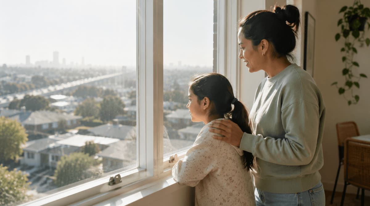 Mother and child looking through a window at hazy skies caused by PM2.5 and PM10 air pollution.