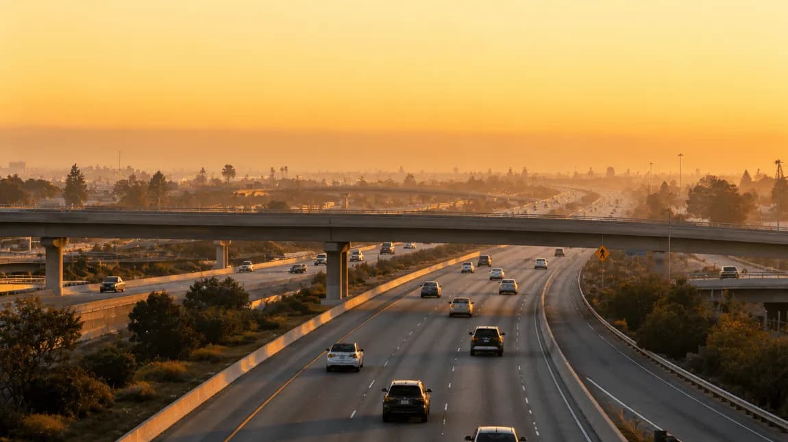 View of an urban highway traffic releases nitrogen dioxide, creating haze that affects outdoor and indoor air quality.