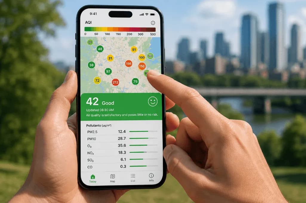 Image of real-time AQI app showing air quality today with live map, pollutant levels, and Air Quality Index data.